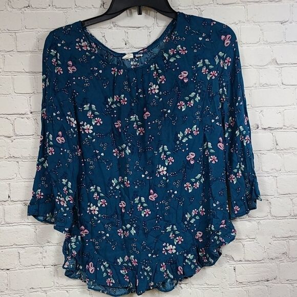 Gap Women's XS Teal Floral Ruffle Peasant Top Lightweight Frilly Blouse Shirt - Picture 2 of 8